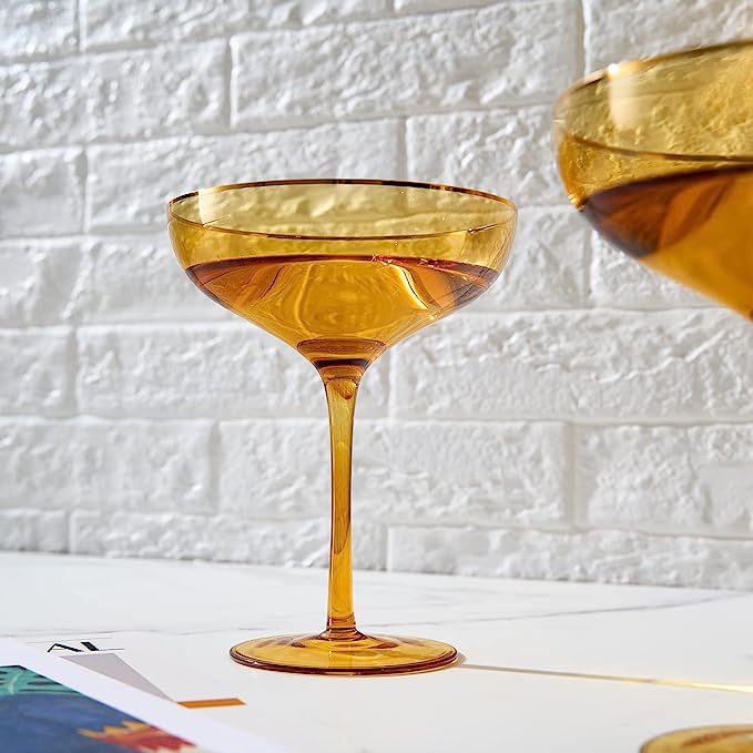 Colored Sunset Yellow & Gilded Rim Coupe Glass, 9oz Cocktail & Champagne Glasses 2-Set Vibrant Color Gold Vintage Tumblers, Margarita, Glassware Gift Idea Gifts for Mom, Him, Wife, Housewarming Coupes-2