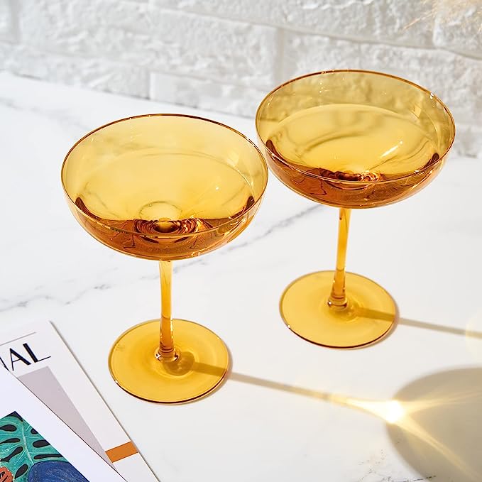 Colored Sunset Yellow & Gilded Rim Coupe Glass, 9oz Cocktail & Champagne Glasses 2-Set Vibrant Color Gold Vintage Tumblers, Margarita, Glassware Gift Idea Gifts for Mom, Him, Wife, Housewarming Coupes-3