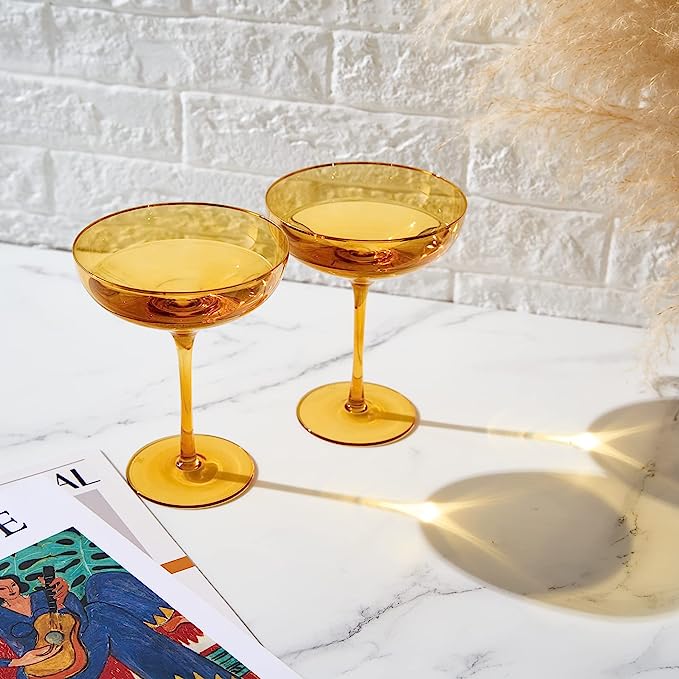 Colored Sunset Yellow & Gilded Rim Coupe Glass, 9oz Cocktail & Champagne Glasses 2-Set Vibrant Color Gold Vintage Tumblers, Margarita, Glassware Gift Idea Gifts for Mom, Him, Wife, Housewarming Coupes-1