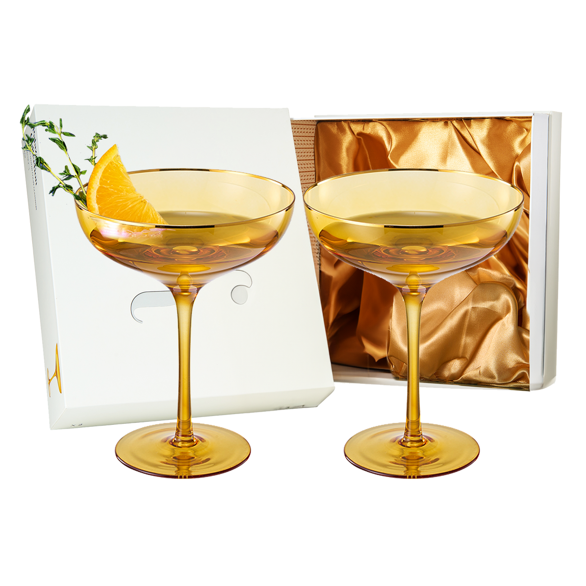 Colored Sunset Yellow & Gilded Rim Coupe Glass, 9oz Cocktail & Champagne Glasses 2-Set Vibrant Color Gold Vintage Tumblers, Margarita, Glassware Gift Idea Gifts for Mom, Him, Wife, Housewarming Coupes-0