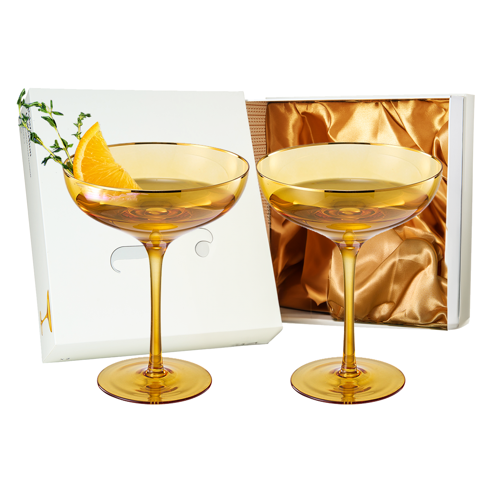 Colored Sunset Yellow & Gilded Rim Coupe Glass, 9oz Cocktail & Champagne Glasses 2-Set Vibrant Color Gold Vintage Tumblers, Margarita, Glassware Gift Idea Gifts for Mom, Him, Wife, Housewarming Coupes-0