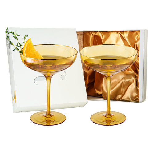 Colored Sunset Yellow & Gilded Rim Coupe Glass, 9oz Cocktail & Champagne Glasses 2-Set Vibrant Color Gold Vintage Tumblers, Margarita, Glassware Gift Idea Gifts for Mom, Him, Wife, Housewarming Coupes-0